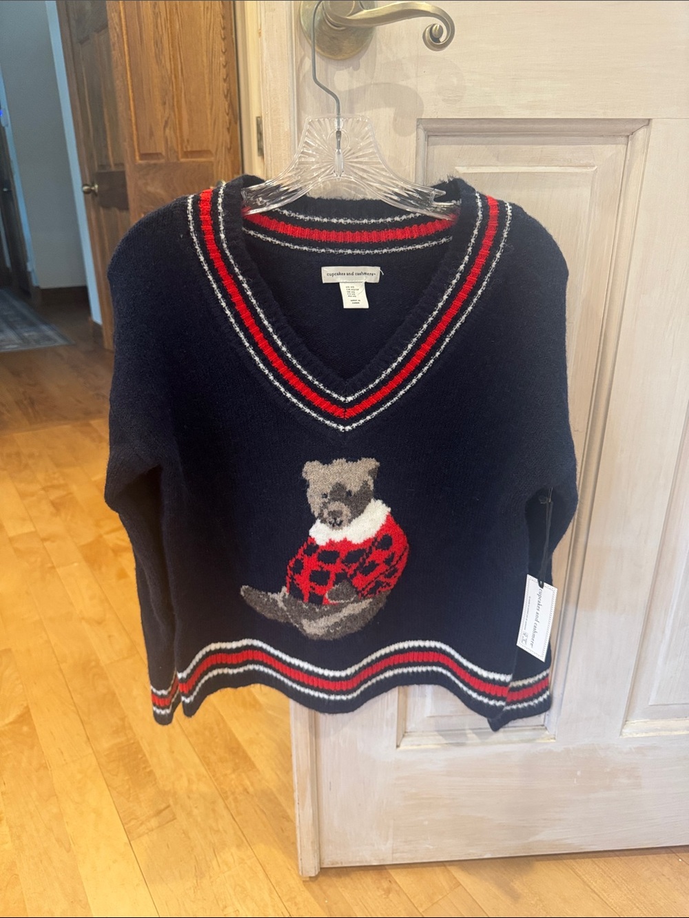 Women’s Navy V-Neck Bear Sweater with Red Accent